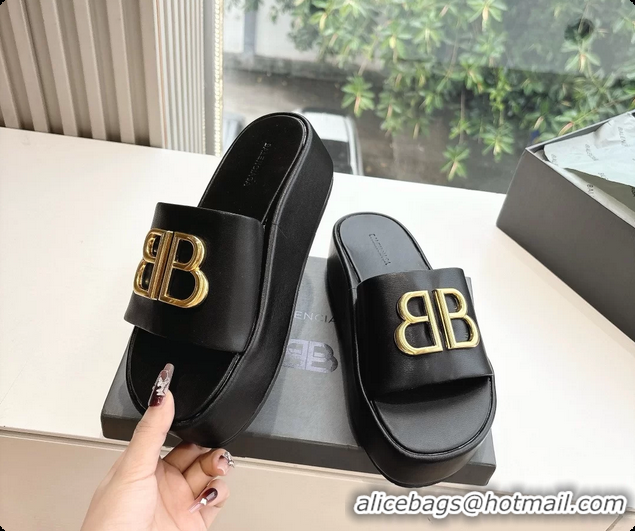 Sophisticated Balenciaga BB Rise Platform Slides Sandals Black Shiny Nappa Lambskin 6061108
