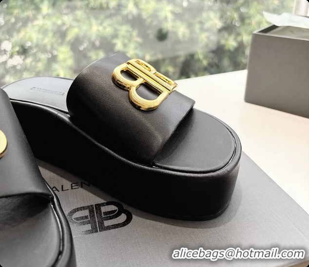 Sophisticated Balenciaga BB Rise Platform Slides Sandals Black Shiny Nappa Lambskin 6061108