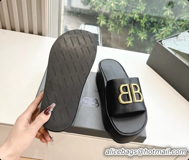 Sophisticated Balenciaga BB Rise Platform Slides Sandals Black Shiny Nappa Lambskin 6061108