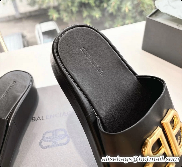 Sophisticated Balenciaga BB Rise Platform Slides Sandals Black Shiny Nappa Lambskin 6061108