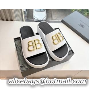 Stylish Balenciaga BB Rise Platform Slides Sandals White Shiny Nappa Lambskin 6061108