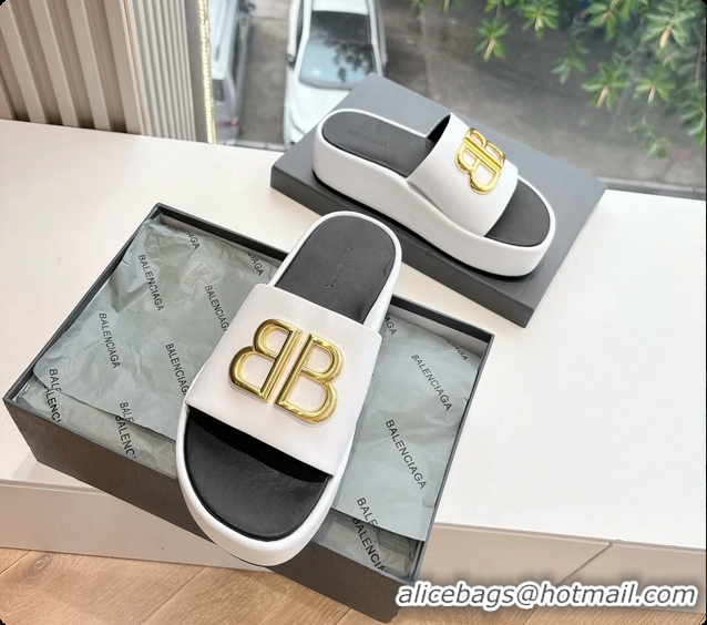 Stylish Balenciaga BB Rise Platform Slides Sandals White Shiny Nappa Lambskin 6061108