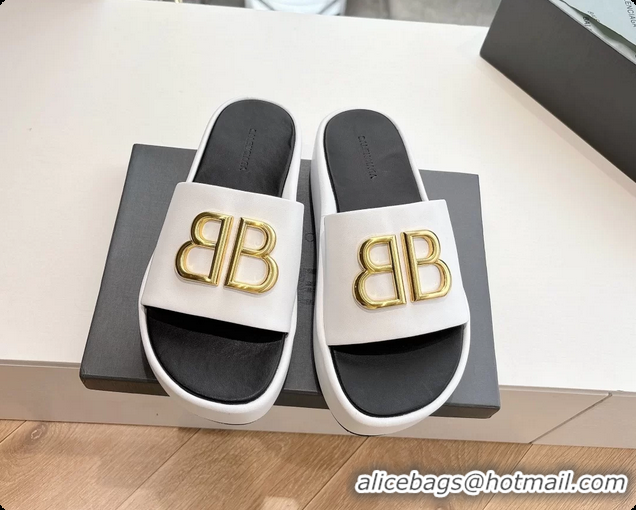 Stylish Balenciaga BB Rise Platform Slides Sandals White Shiny Nappa Lambskin 6061108