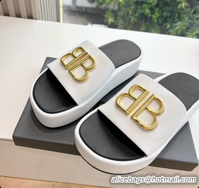 Stylish Balenciaga BB Rise Platform Slides Sandals White Shiny Nappa Lambskin 6061108