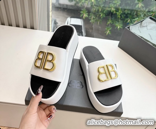 Stylish Balenciaga BB Rise Platform Slides Sandals White Shiny Nappa Lambskin 6061108