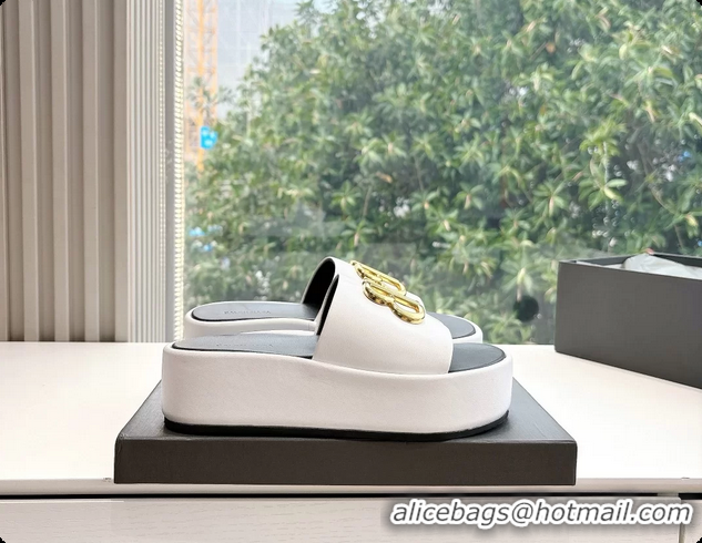 Stylish Balenciaga BB Rise Platform Slides Sandals White Shiny Nappa Lambskin 6061108