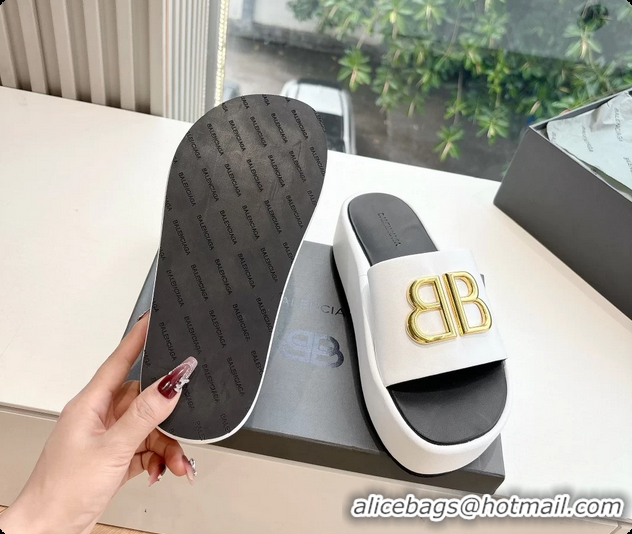 Stylish Balenciaga BB Rise Platform Slides Sandals White Shiny Nappa Lambskin 6061108
