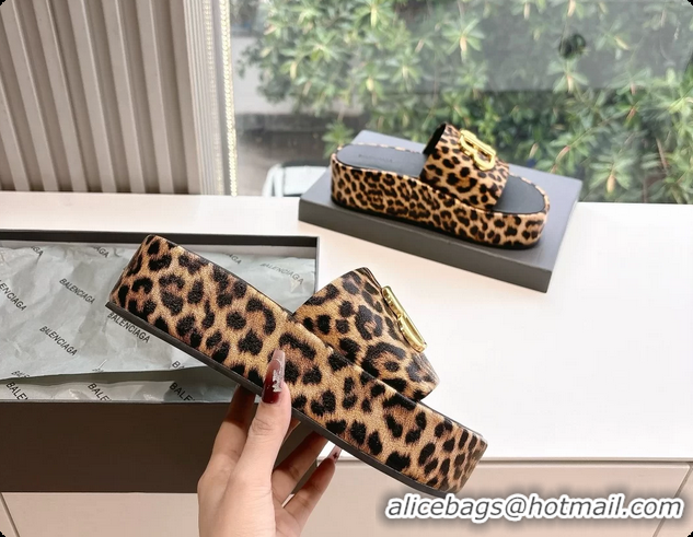 Unique Discount Balenciaga BB Rise Platform Slides Sandals Beige Leopard Printed 6061108