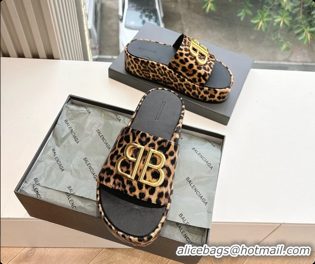 Unique Discount Balenciaga BB Rise Platform Slides Sandals Beige Leopard Printed 6061108