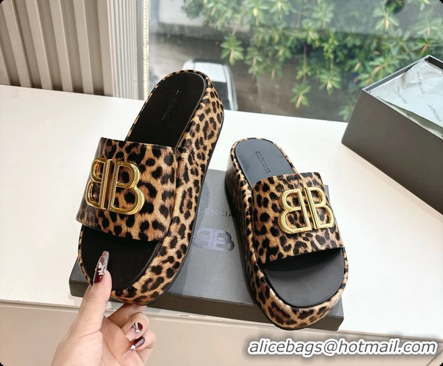 Unique Discount Balenciaga BB Rise Platform Slides Sandals Beige Leopard Printed 6061108
