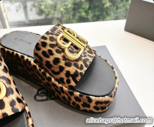 Unique Discount Balenciaga BB Rise Platform Slides Sandals Beige Leopard Printed 6061108