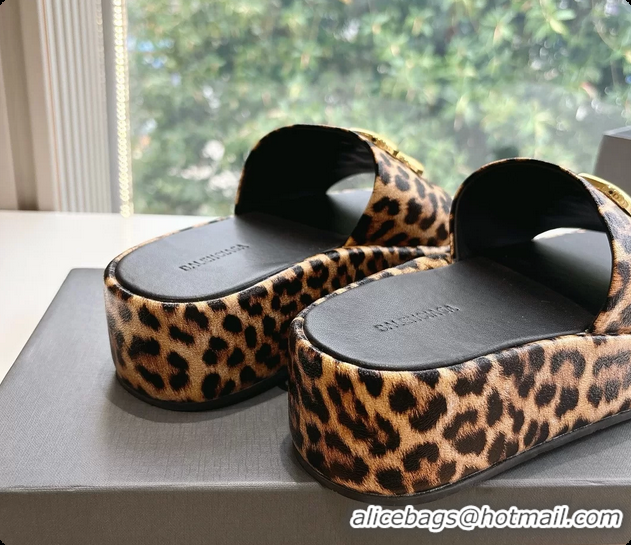 Unique Discount Balenciaga BB Rise Platform Slides Sandals Beige Leopard Printed 6061108