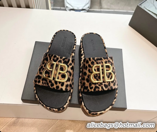Unique Discount Balenciaga BB Rise Platform Slides Sandals Beige Leopard Printed 6061108
