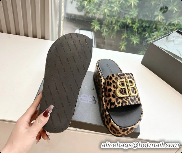 Unique Discount Balenciaga BB Rise Platform Slides Sandals Beige Leopard Printed 6061108