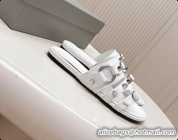 Perfect Balenciaga City Flat Mule Sandals White Arena Lambskin 6061109