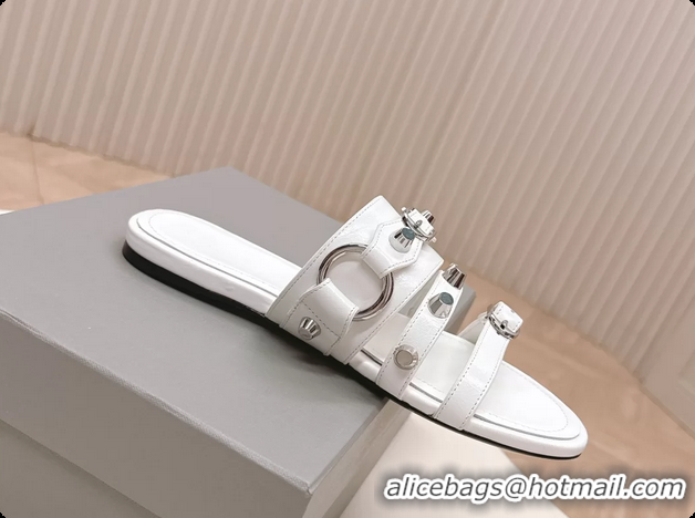 Perfect Balenciaga City Flat Mule Sandals White Arena Lambskin 6061109