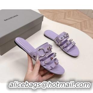 Luxury Balenciaga City Flat Mule Sandals Purple Arena Lambskin 6061109