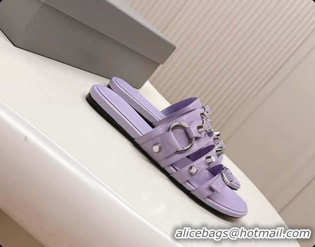 Luxury Balenciaga City Flat Mule Sandals Purple Arena Lambskin 6061109