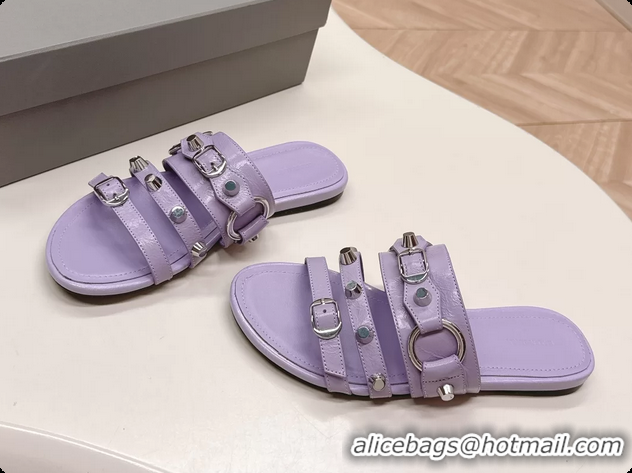 Luxury Balenciaga City Flat Mule Sandals Purple Arena Lambskin 6061109