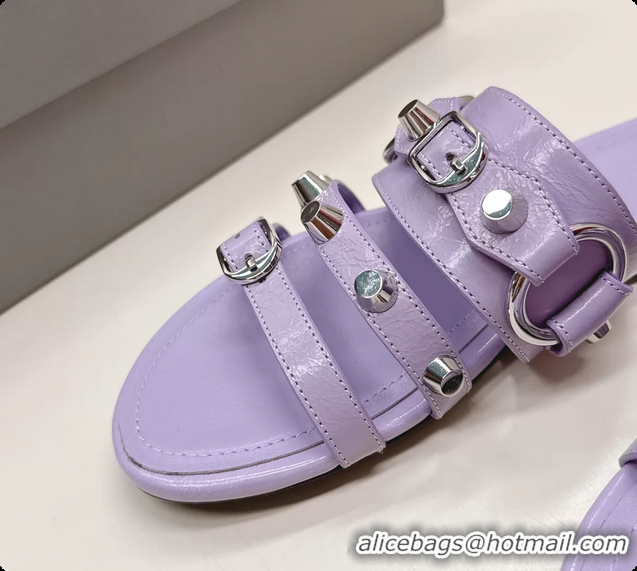 Luxury Balenciaga City Flat Mule Sandals Purple Arena Lambskin 6061109