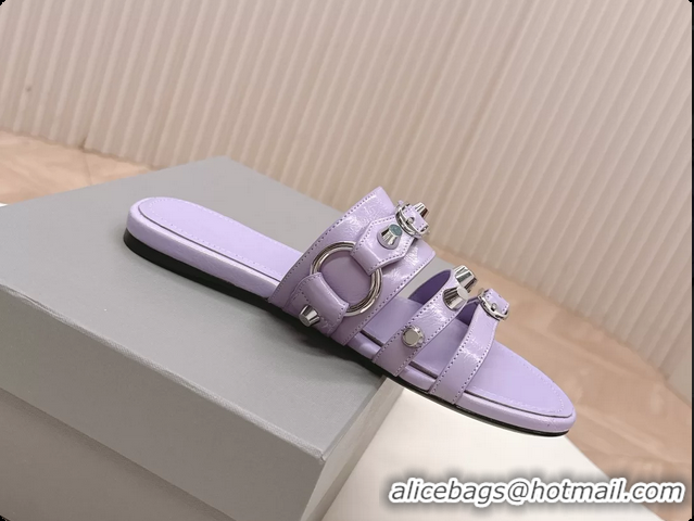 Luxury Balenciaga City Flat Mule Sandals Purple Arena Lambskin 6061109