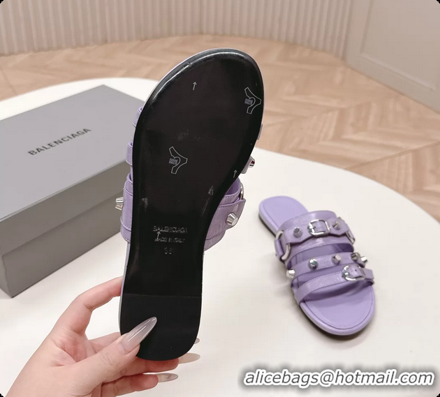 Luxury Balenciaga City Flat Mule Sandals Purple Arena Lambskin 6061109