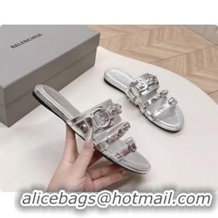 Comfortable Balenciaga City Flat Mule Sandals Silver Arena Lambskin 6061109