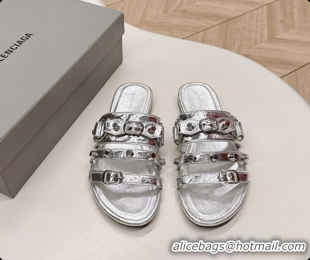 Comfortable Balenciaga City Flat Mule Sandals Silver Arena Lambskin 6061109