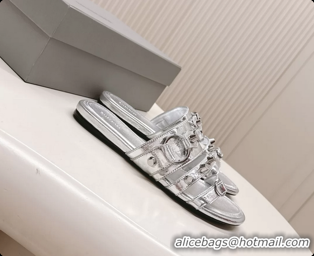 Comfortable Balenciaga City Flat Mule Sandals Silver Arena Lambskin 6061109