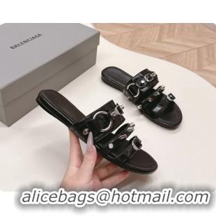 Inexpensive Balenciaga City Flat Mule Sandals Black Arena Lambskin 6061109