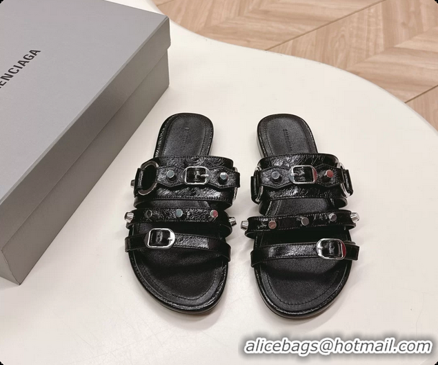 Inexpensive Balenciaga City Flat Mule Sandals Black Arena Lambskin 6061109