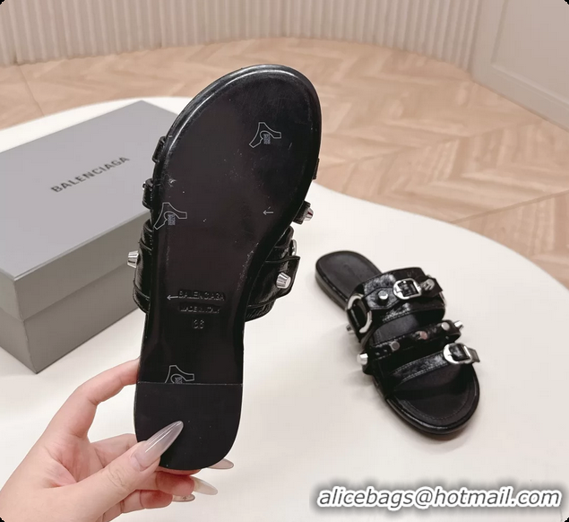 Inexpensive Balenciaga City Flat Mule Sandals Black Arena Lambskin 6061109