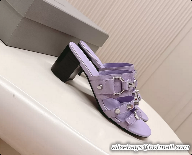 Shop Duplicate Balenciaga City Heeled Mule Sandals Purple Arena Lambskin 6061110