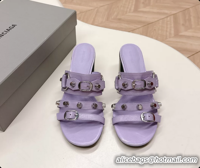 Shop Duplicate Balenciaga City Heeled Mule Sandals Purple Arena Lambskin 6061110
