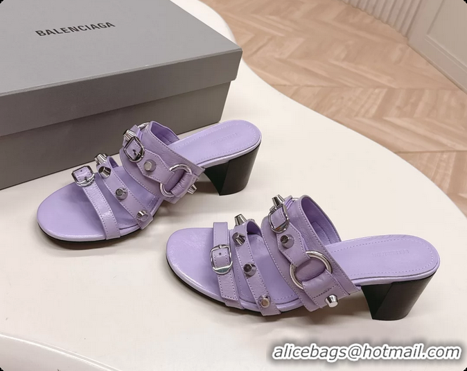 Shop Duplicate Balenciaga City Heeled Mule Sandals Purple Arena Lambskin 6061110