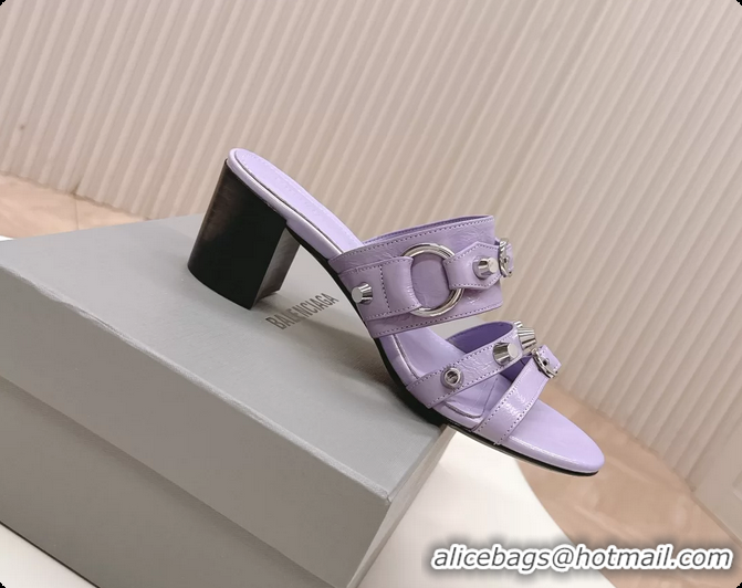 Shop Duplicate Balenciaga City Heeled Mule Sandals Purple Arena Lambskin 6061110