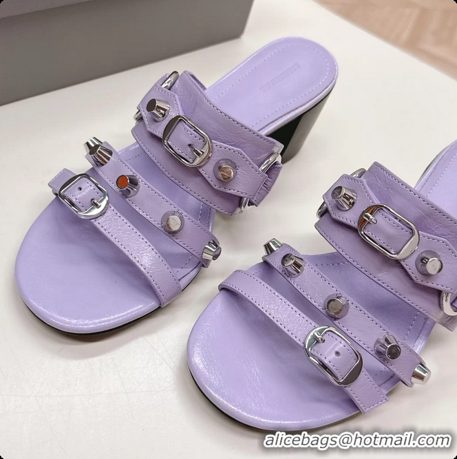 Shop Duplicate Balenciaga City Heeled Mule Sandals Purple Arena Lambskin 6061110