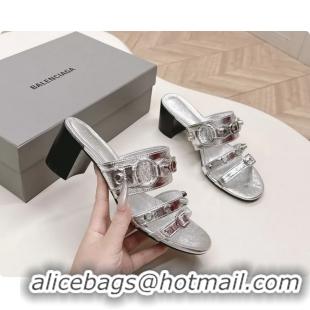 Top Design Balenciaga City Heeled Mule Sandals Silver Arena Lambskin 6061110