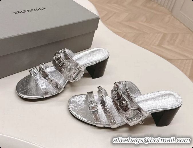 Top Design Balenciaga City Heeled Mule Sandals Silver Arena Lambskin 6061110