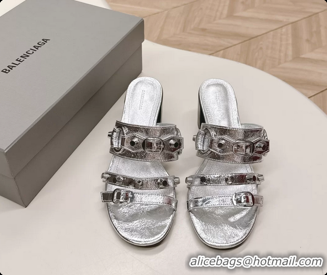 Top Design Balenciaga City Heeled Mule Sandals Silver Arena Lambskin 6061110