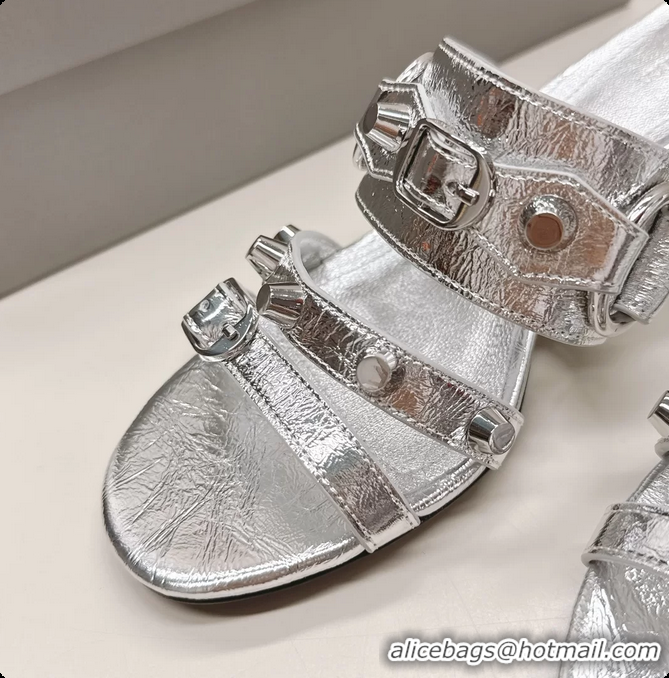 Top Design Balenciaga City Heeled Mule Sandals Silver Arena Lambskin 6061110