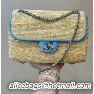 Inexpensive Chanel Raffia Straw and Calfskin Large Flap Bag AS5929 Light Blue 2025