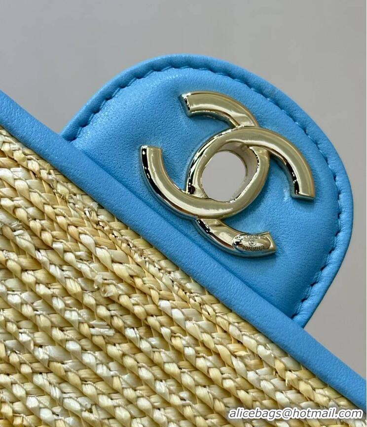 Inexpensive Chanel Raffia Straw and Calfskin Large Flap Bag AS5929 Light Blue 2025