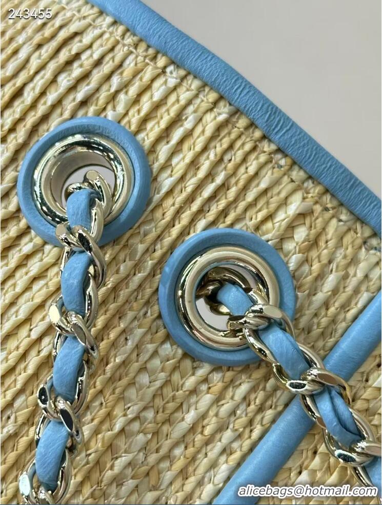 Inexpensive Chanel Raffia Straw and Calfskin Large Flap Bag AS5929 Light Blue 2025