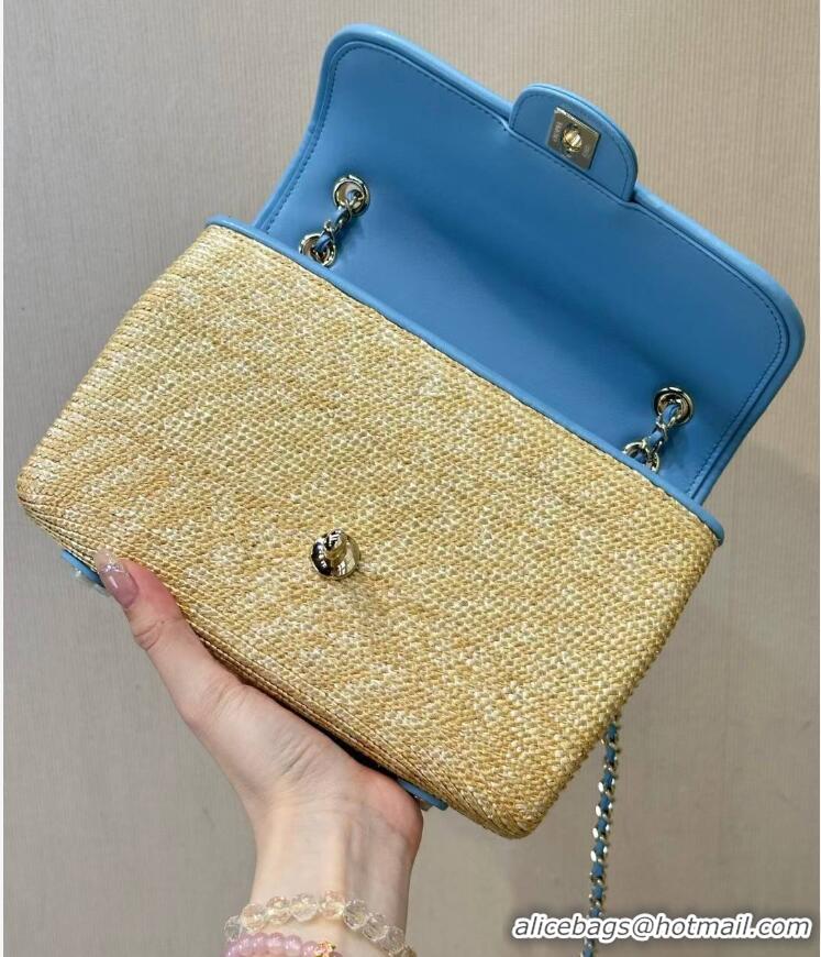 Inexpensive Chanel Raffia Straw and Calfskin Large Flap Bag AS5929 Light Blue 2025