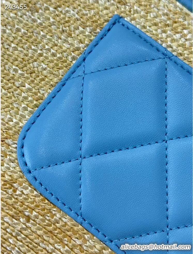 Inexpensive Chanel Raffia Straw and Calfskin Large Flap Bag AS5929 Light Blue 2025