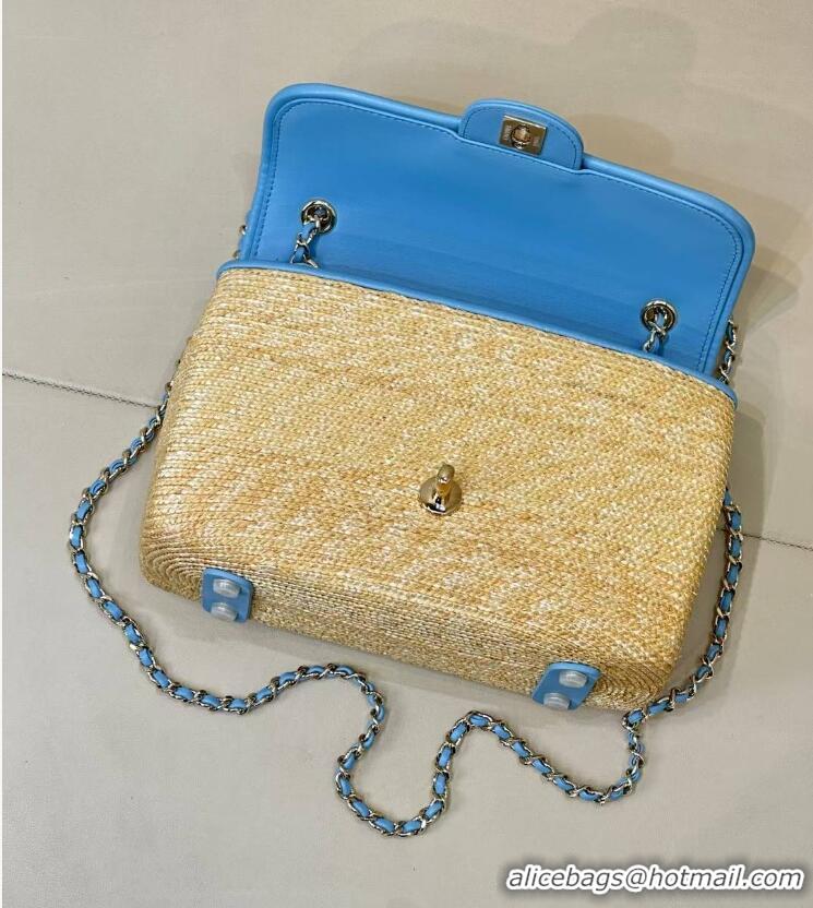 Inexpensive Chanel Raffia Straw and Calfskin Large Flap Bag AS5929 Light Blue 2025