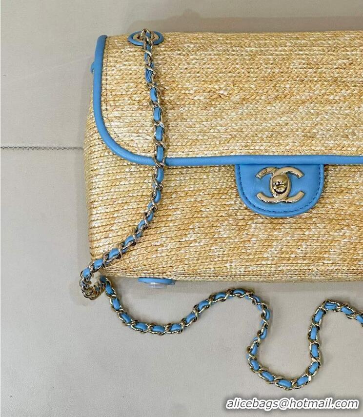 Inexpensive Chanel Raffia Straw and Calfskin Large Flap Bag AS5929 Light Blue 2025