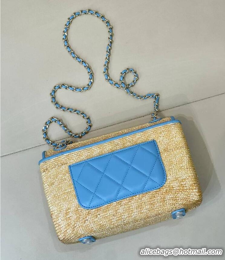Inexpensive Chanel Raffia Straw and Calfskin Large Flap Bag AS5929 Light Blue 2025