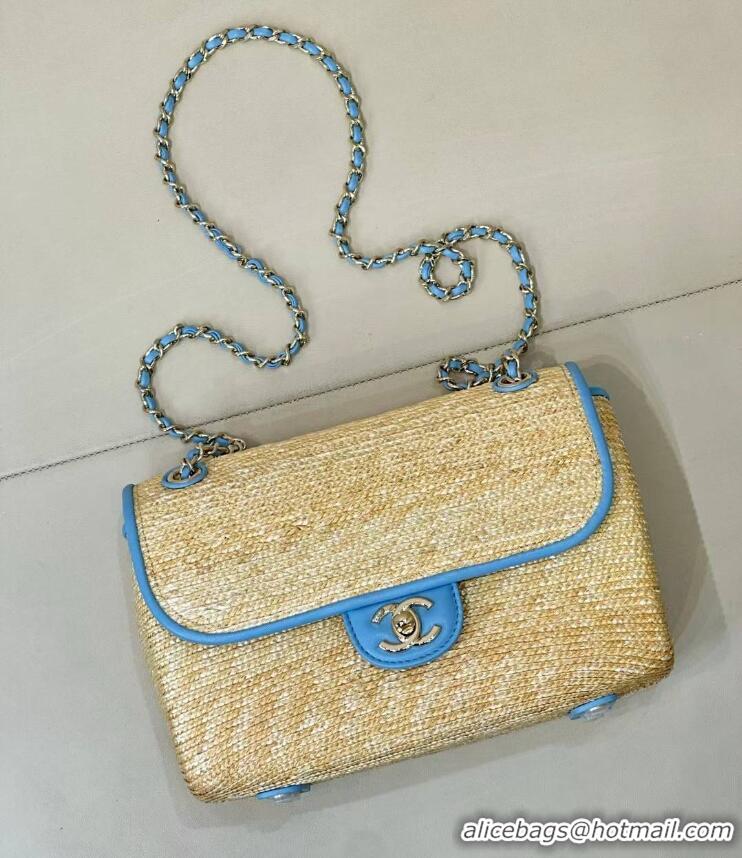 Inexpensive Chanel Raffia Straw and Calfskin Large Flap Bag AS5929 Light Blue 2025